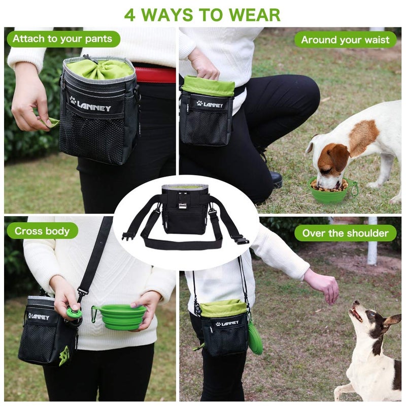 LANNEY Dog Treat Pouch Pet Training Bag for Small to Large Dogs, Treat Tote Carry Kibble Snacks Toys for Training Reward Walking, Metal Clip, Waist belt, Shoulder Strap, Poop Bag Dispenser, Black with Green - Image 5